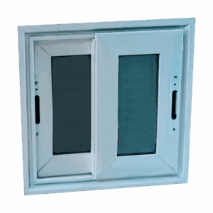 Ventana de apertura lateral con sistema corredizo de dos hojas, ideal para espacios pequeños o con necesidad de ventilación controlada. Marco metálico en color blanco y vidrio polarizado que ayuda a reducir el calor y mantiene la privacidad. Perfecta para cocinas, baños o áreas de servicio.