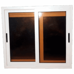 Ventana corrediza de gran formato, con marco metálico blanco y vidrio oscuro para mayor privacidad y control de luz. Su diseño de dos hojas deslizables permite una ventilación eficiente y es ideal para salas, dormitorios o fachadas modernas. Perfecta para equilibrar funcionalidad y estilo.
