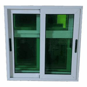 Ventana corrediza con paneles de vidrio verde esmerilado que brindan privacidad y reducción de la luminosidad directa. El marco metálico blanco complementa su diseño limpio y moderno, siendo ideal para oficinas o habitaciones donde se busca una combinación de funcionalidad y estética.
