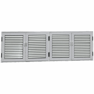 Diseño funcional con lamas horizontales fijas y apertura en doble par. Ideal para espacios amplios que requieren ventilación constante y protección visual. Fabricada en aluminio duradero, de fácil mantenimiento y alta resistencia.