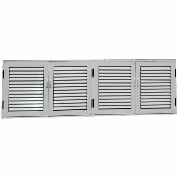 Diseño funcional con lamas horizontales fijas y apertura en doble par. Ideal para espacios amplios que requieren ventilación constante y protección visual. Fabricada en aluminio duradero, de fácil mantenimiento y alta resistencia.